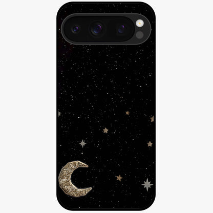 Twinkle Star With Half Moon Glass Case showing flat back view with star and half moon artwork and glossy glass finish.