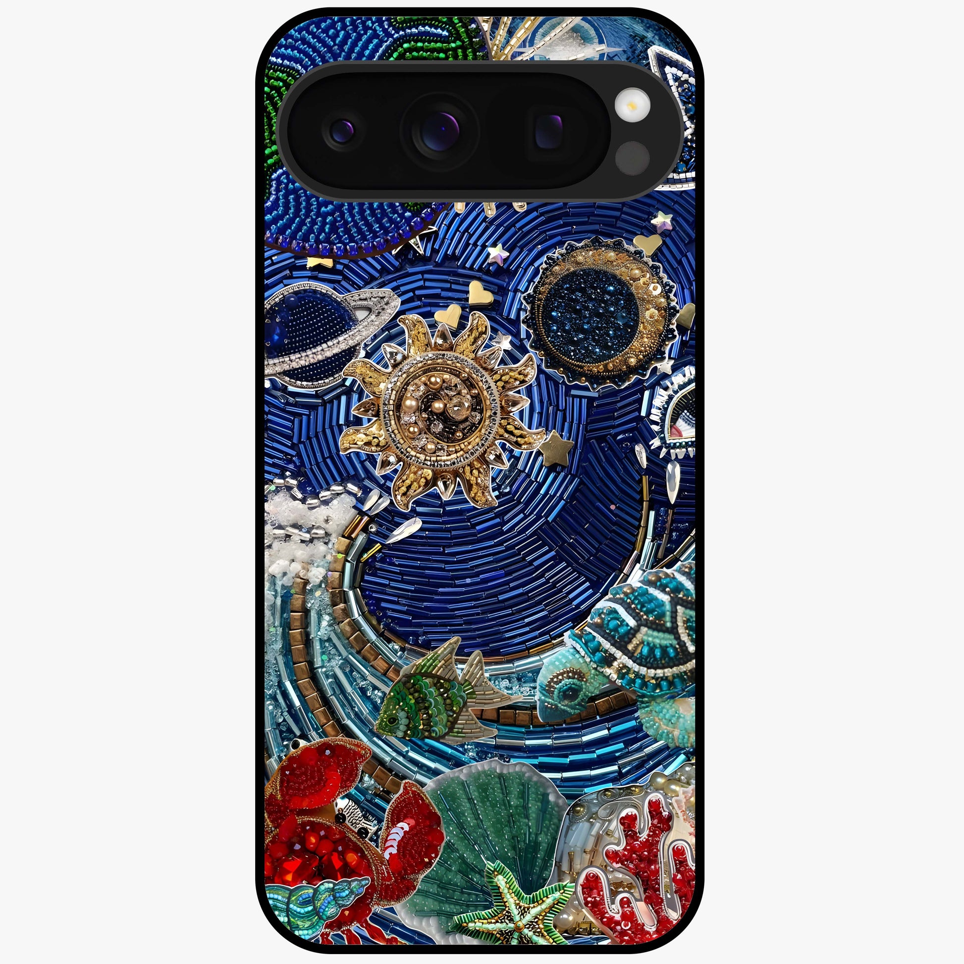 Universe Underwater Spark Glass Case showing flat back view with cosmic underwater themed artwork and glossy glass finish.