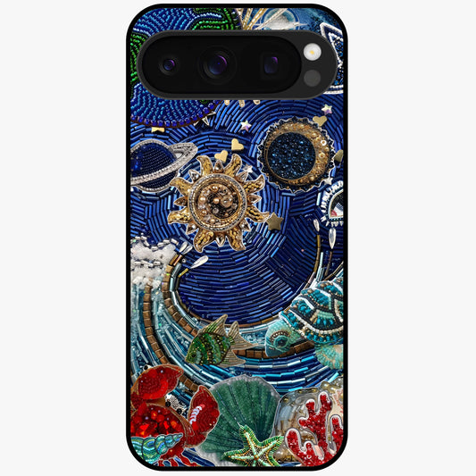 Universe Underwater Spark Glass Case showing flat back view with cosmic underwater themed artwork and glossy glass finish.