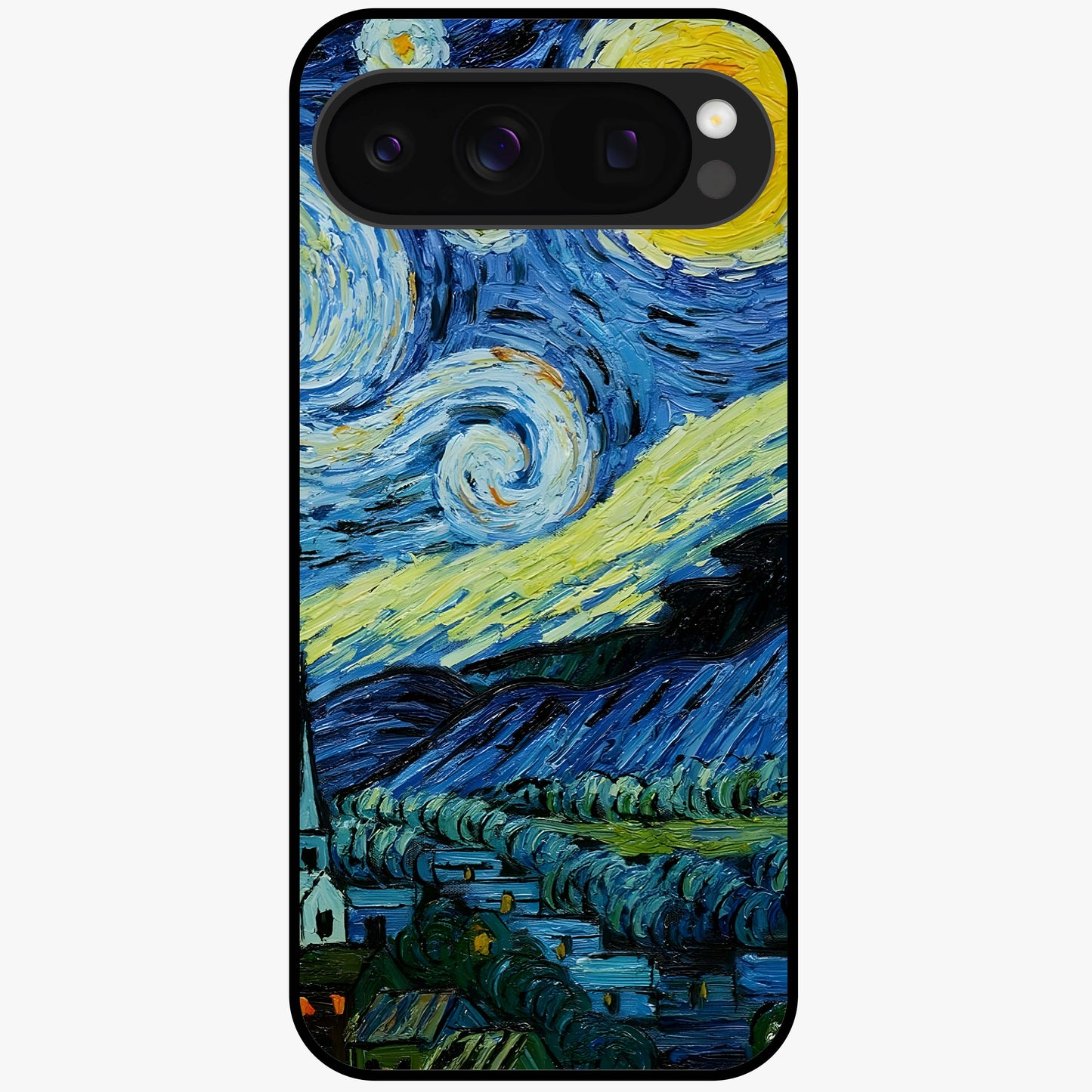 Van Gogh Art Glass Case showing flat back view with classic painterly artwork inspired by Van Gogh style and glossy glass finish.