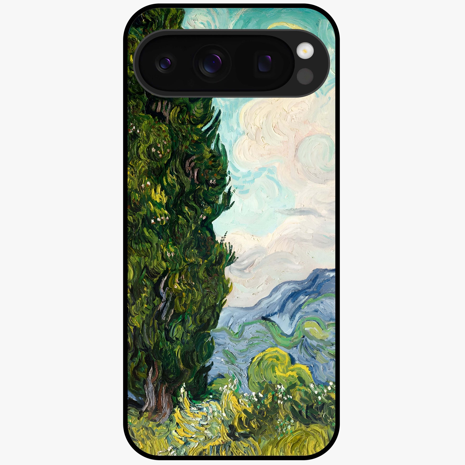 Van Gogh Vintage Art Glass Case showing flat back view with vintage painterly artwork inspired by Van Gogh style and glossy glass finish.