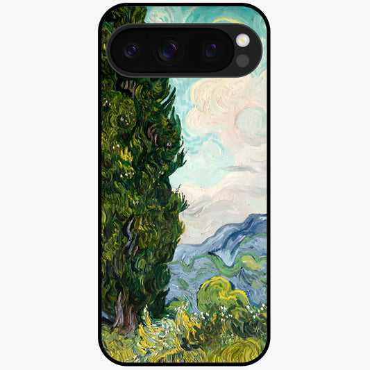 Van Gogh Vintage Art Glass Case showing flat back view with vintage painterly artwork inspired by Van Gogh style and glossy glass finish.