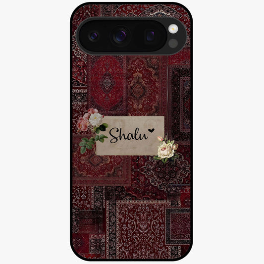 Velvet Wine Pattern Custom Name Glass Case showing flat back view with elegant wine colored pattern artwork and personalized name design.