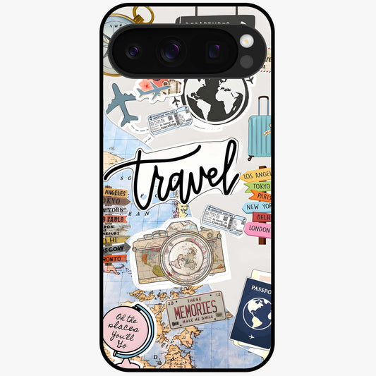 Wanderlust Journal Glass Case showing flat back view with travel inspired artwork and glossy glass finish.