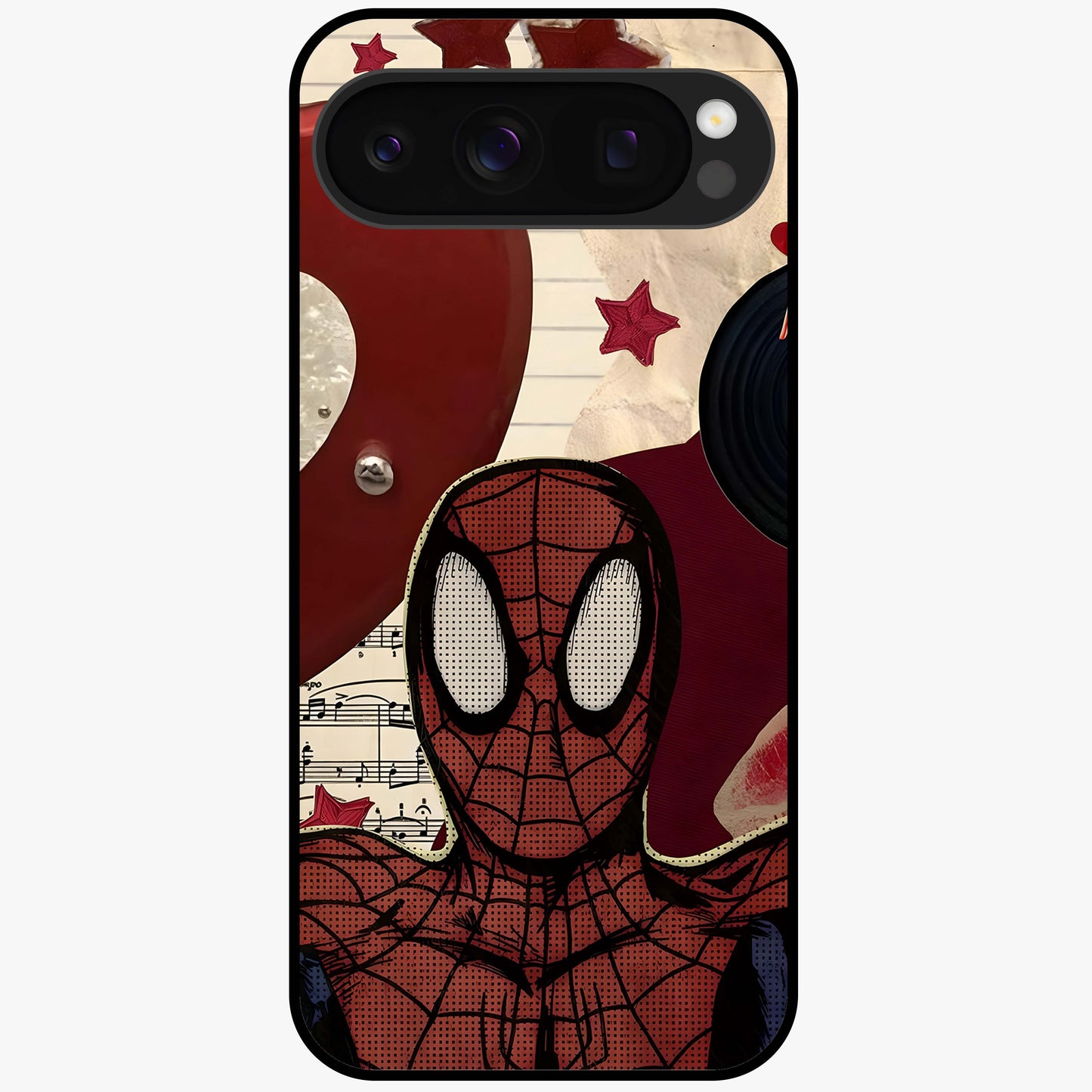 Web Warrior Vibes Glass Case showing flat back view with superhero inspired web themed artwork and glossy glass finish.