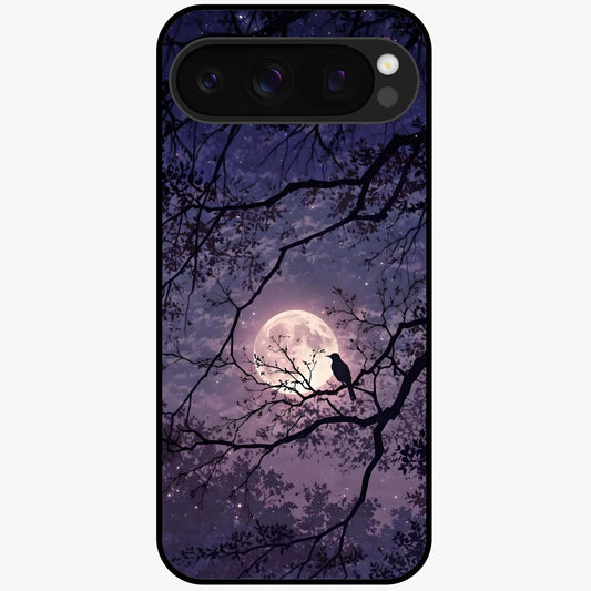 Whispering Moon Silence Glass Case showing flat back view with serene moon themed artwork and glossy glass finish.