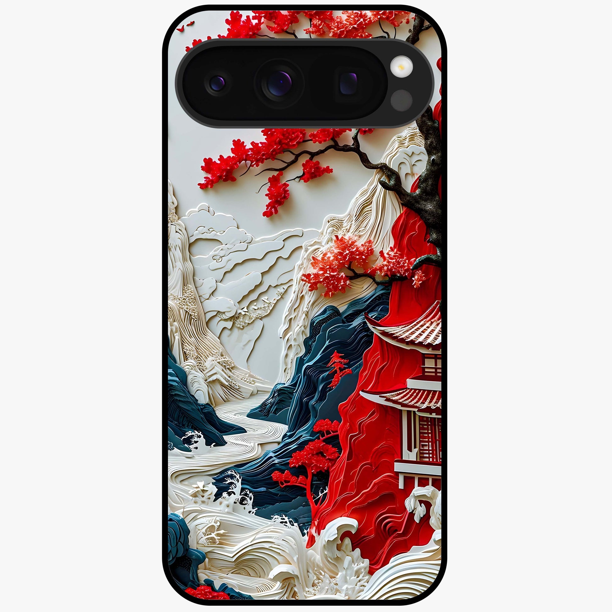 Whispers Of Sakura Waves Glass Case showing flat back view with cherry blossom wave artwork and glossy glass finish.