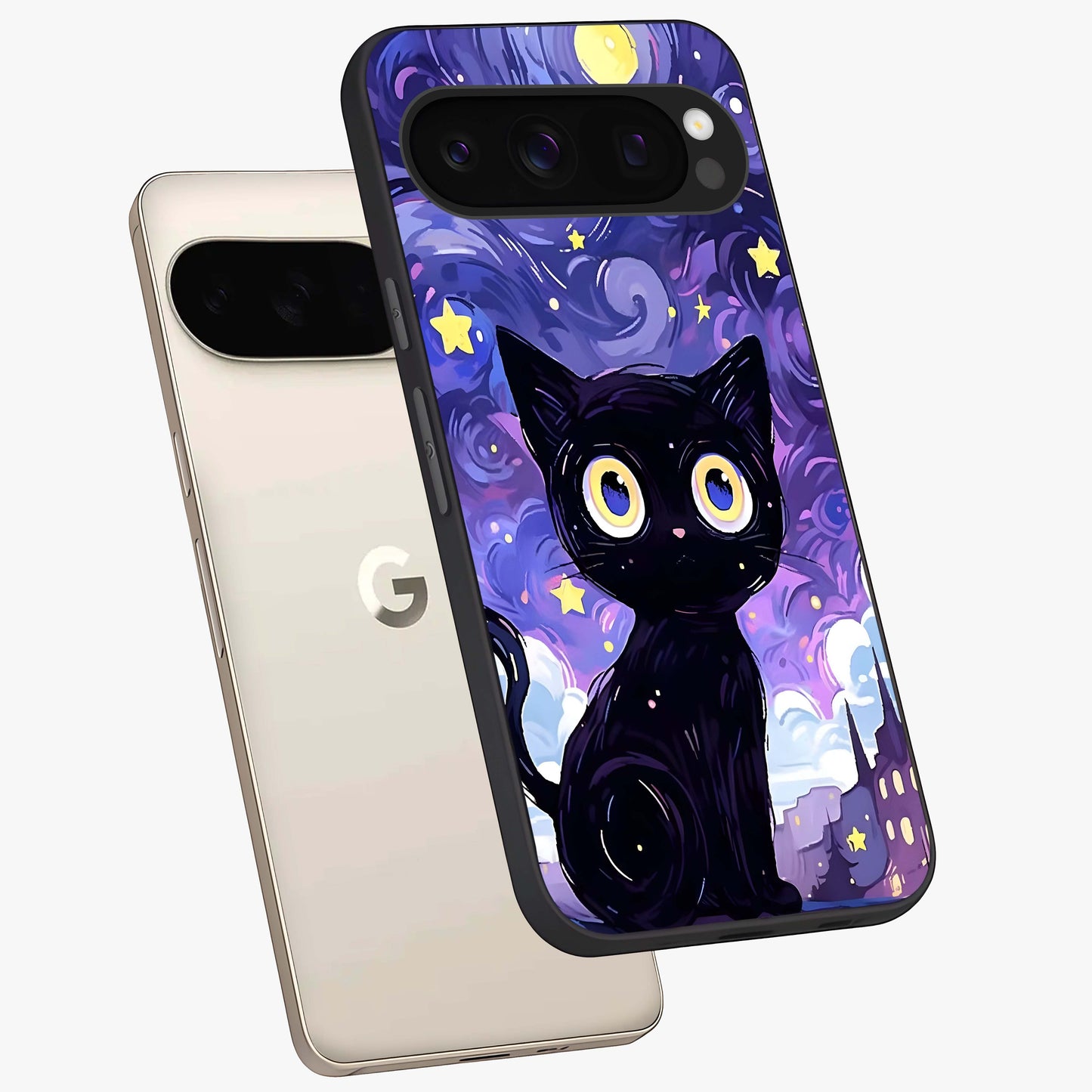 Abstract Cat Art Glass Case displayed in angled mockup highlighting modern abstract cat artwork and sleek glass surface.