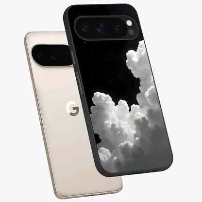 Black Background With White Cloud Glass Case displayed in angled mockup highlighting soft white cloud illustration and minimal design.
