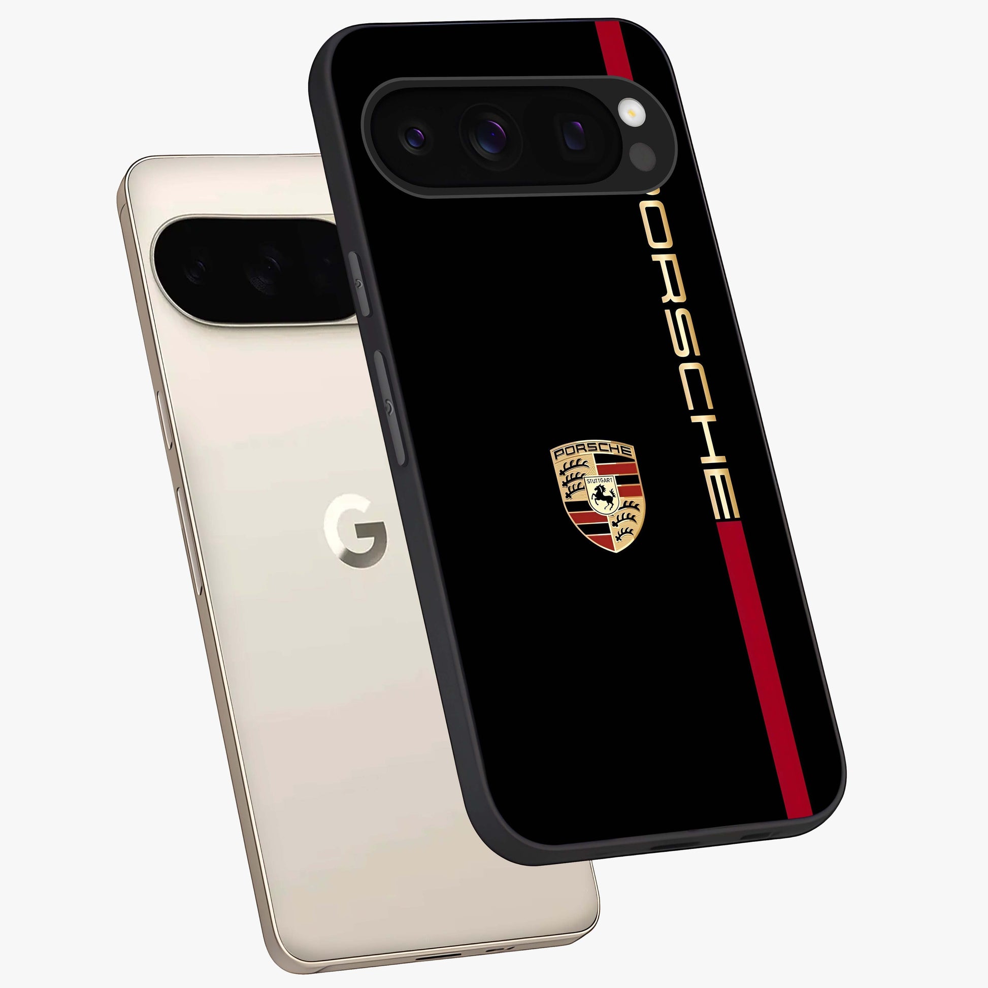 Black Minimal Porsche Glass Case displayed in angled mockup highlighting modern minimal car illustration and clean aesthetic design.