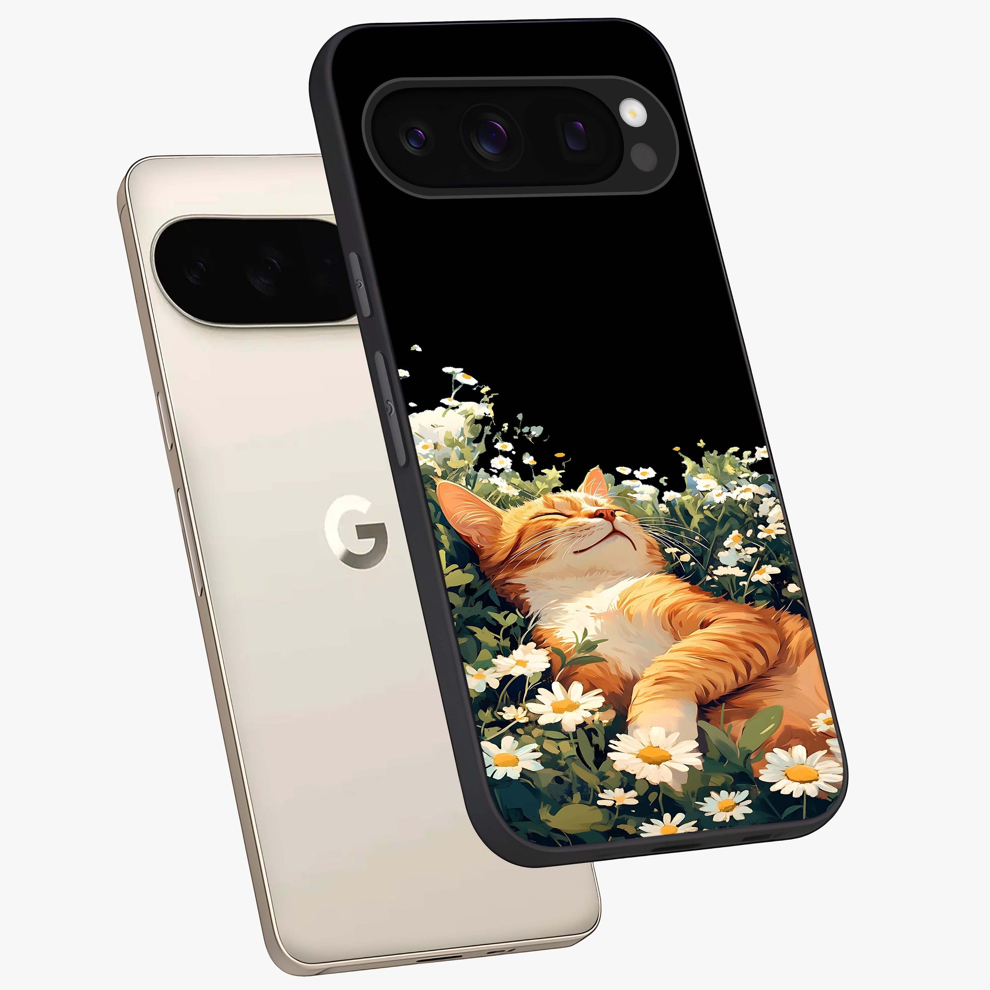 Blissful Bloom Cat Glass Case displayed in angled mockup highlighting playful feline illustration with soft floral aesthetic.