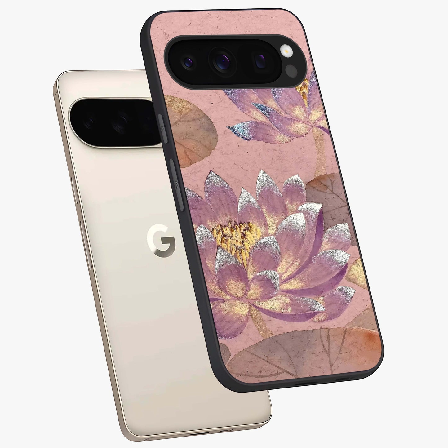 Blossom Mist Lotus Glass Case displayed in angled mockup highlighting delicate lotus illustration with calm aesthetic theme.