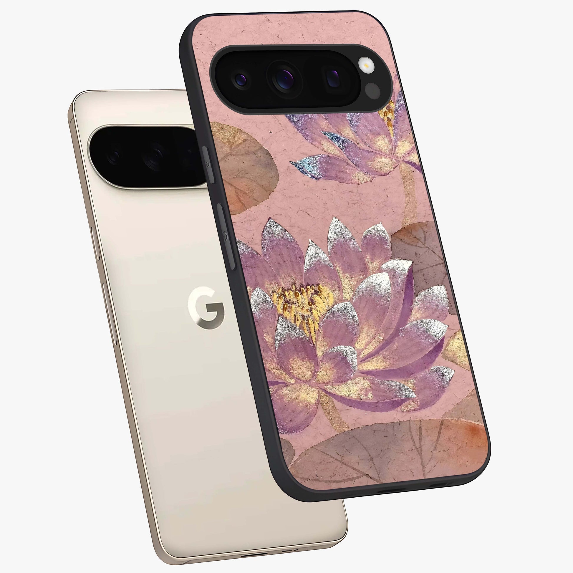 Blossom Mist Lotus Glass Case displayed in angled mockup highlighting delicate lotus illustration with calm aesthetic theme.