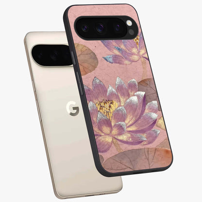 Blossom Mist Lotus Glass Case displayed in angled mockup highlighting delicate lotus illustration with calm aesthetic theme.