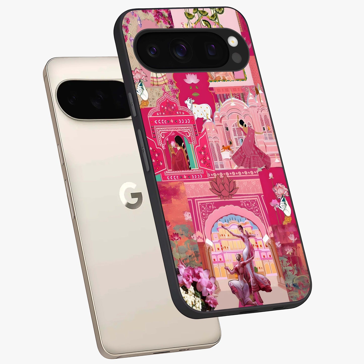 Blossoms of Rajasthan Glass Case displayed in angled mockup highlighting vibrant floral pattern with cultural aesthetic style.