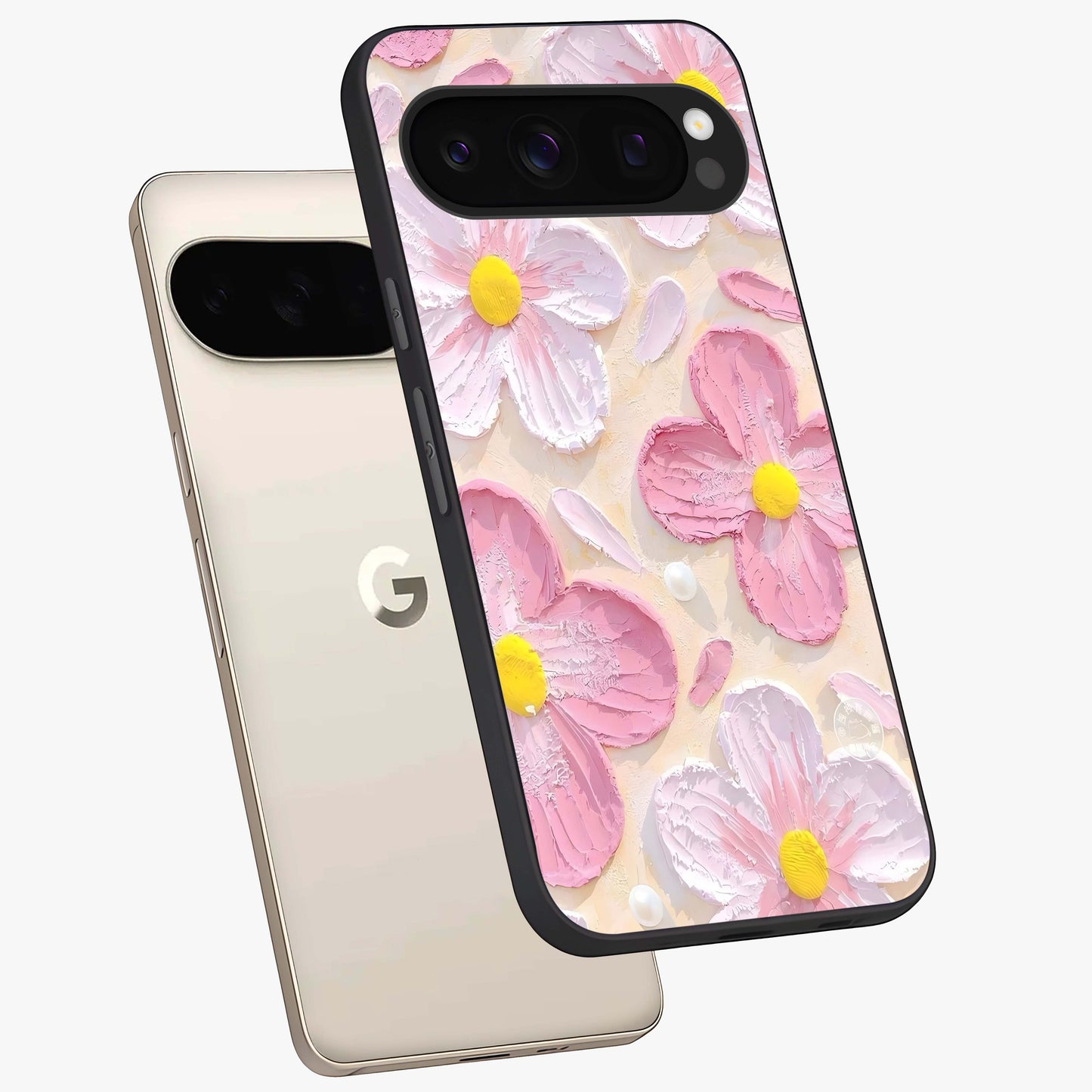 Blush Bloom Texture Glass Case displayed in angled mockup highlighting subtle bloom pattern with aesthetic pastel design.