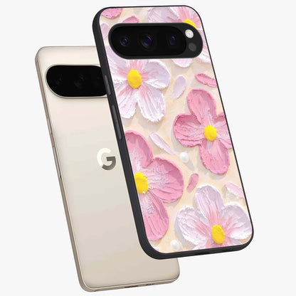 Blush Bloom Texture Glass Case displayed in angled mockup highlighting subtle bloom pattern with aesthetic pastel design.