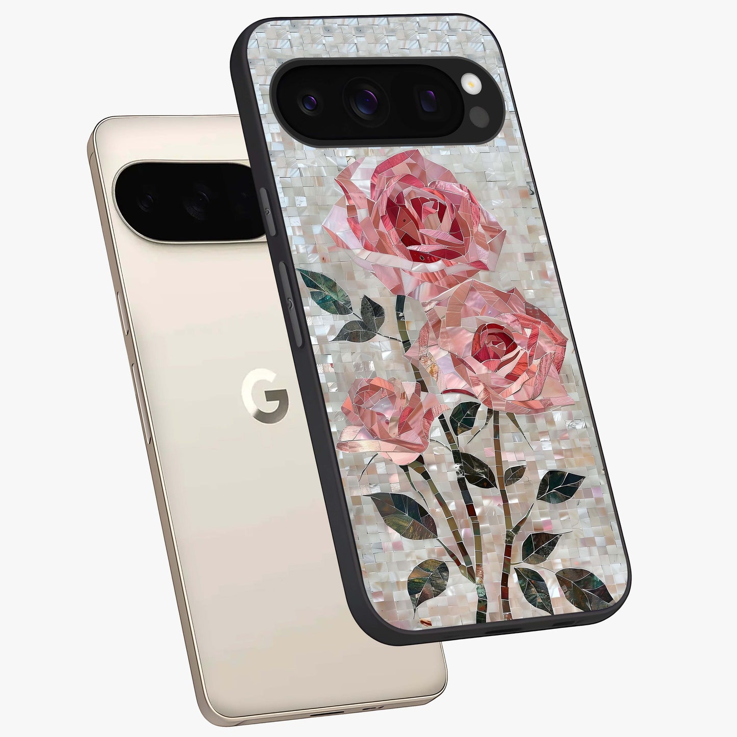Blush Mosaic Bloom Glass Case displayed in angled mockup highlighting artistic mosaic flower pattern with aesthetic design.