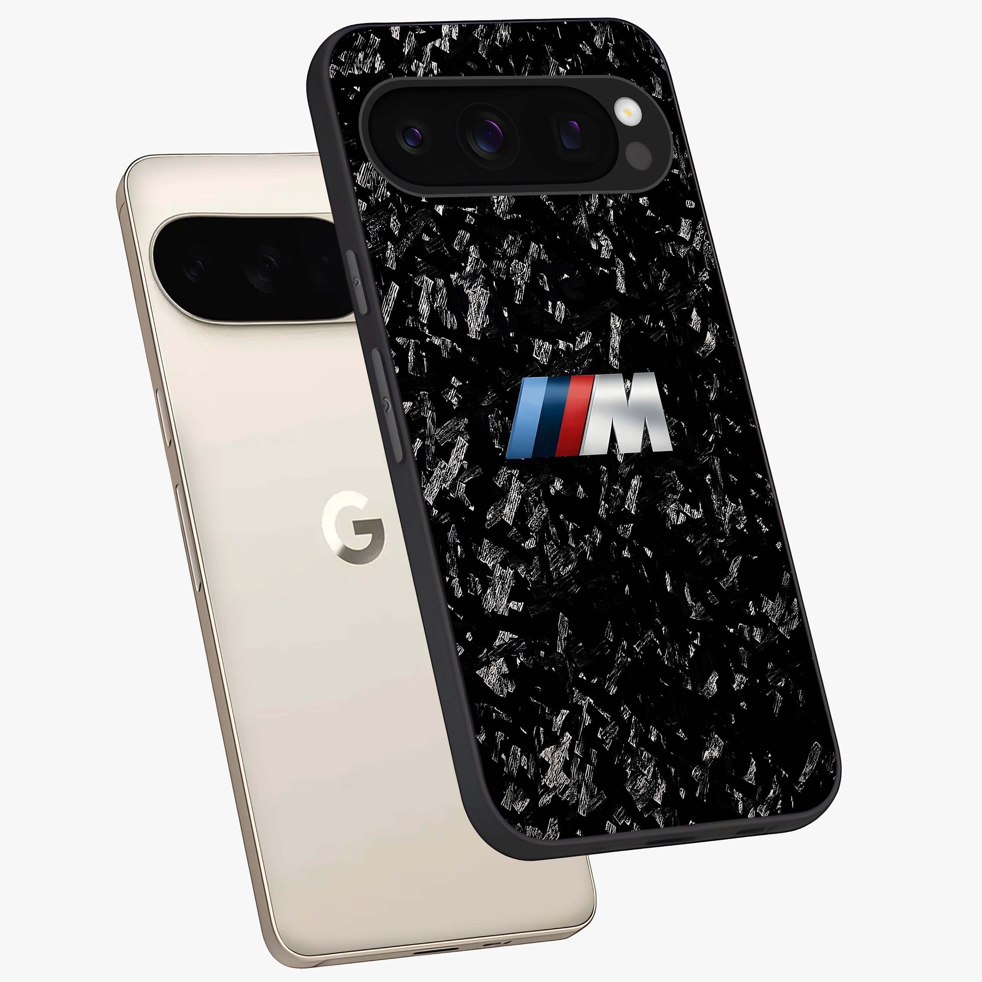 Carbon Speed Mark Glass Case displayed in angled mockup highlighting racing inspired carbon design and sleek aesthetic style.