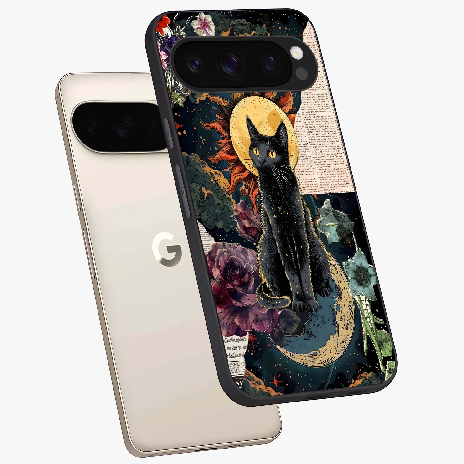 Celestial Black Cat Glass Case displayed in angled mockup highlighting cosmic black cat design with celestial aesthetic.