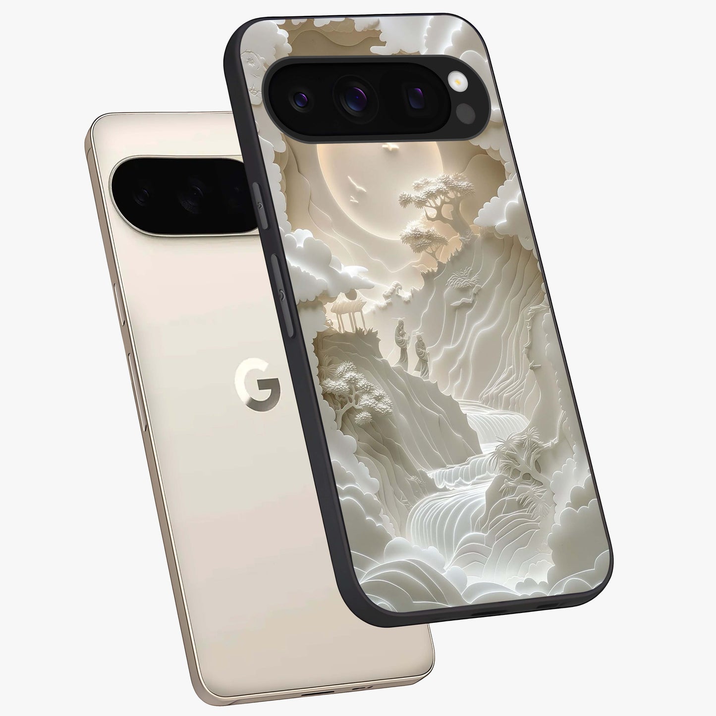 Celestial Origami Glass Case displayed in angled mockup highlighting geometric origami design with cosmic aesthetic theme.