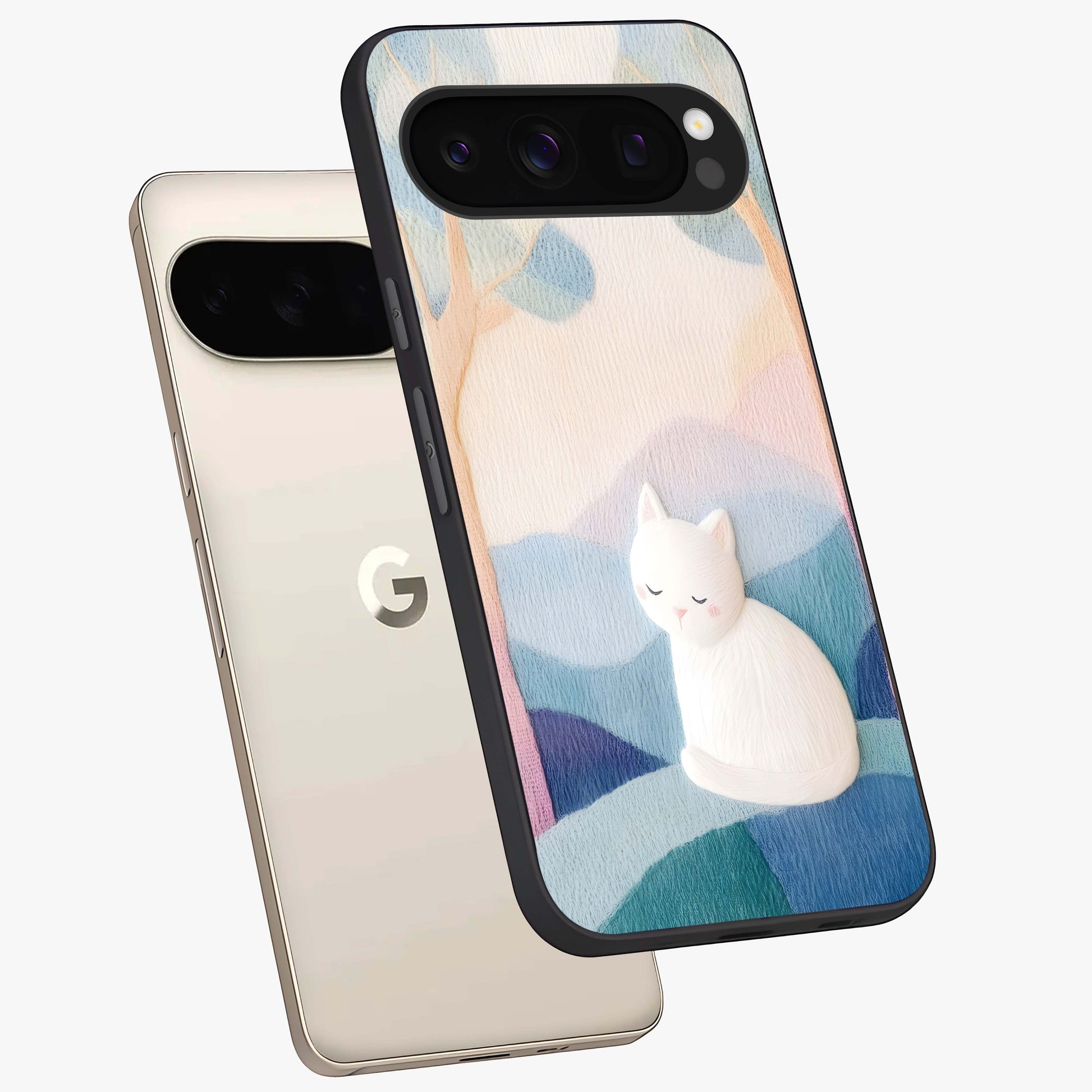 Cotton Dream Cat Glass Case displayed in angled mockup highlighting cute feline illustration with pastel aesthetic style.