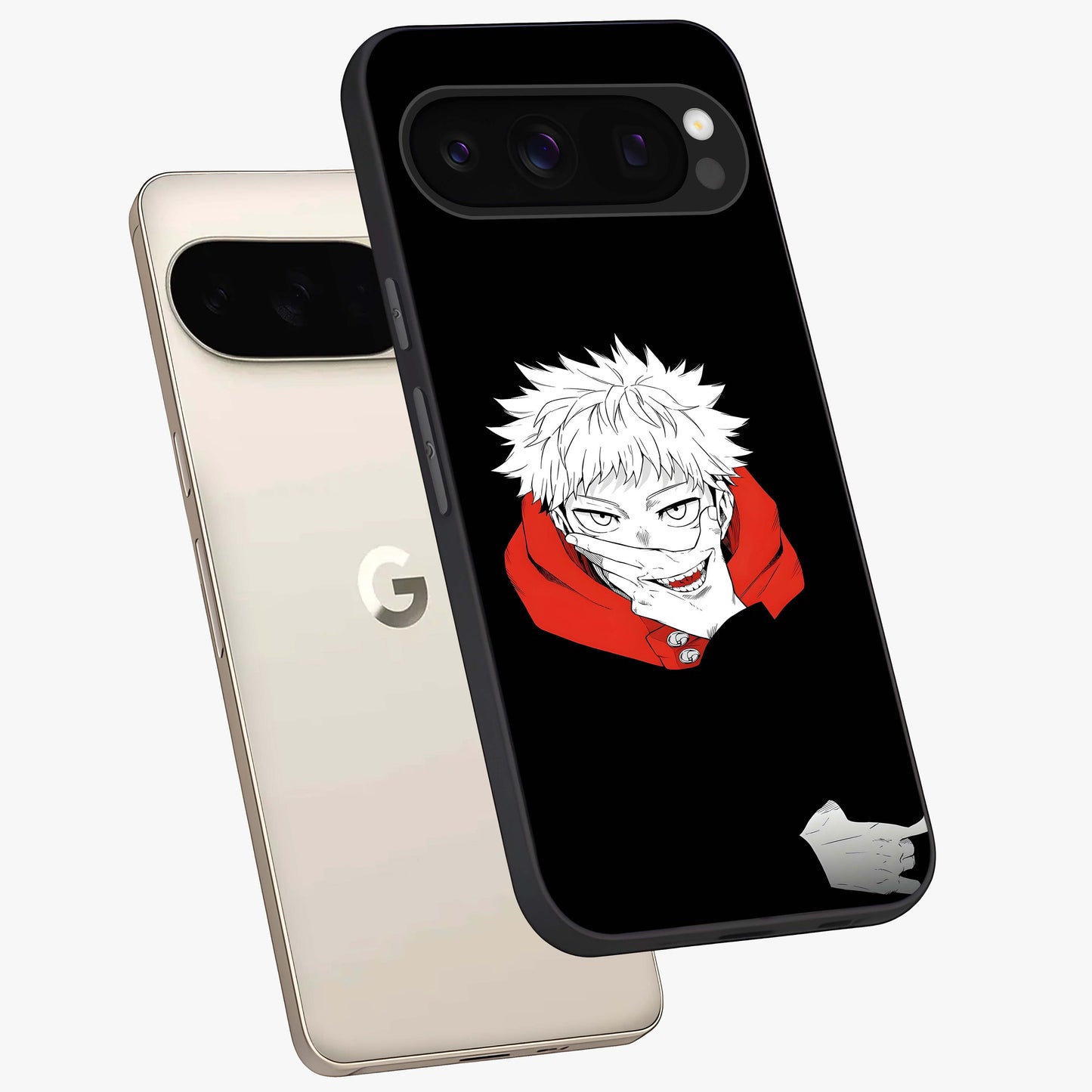 Crimson Chaos Smile Glass Case displayed in angled mockup highlighting edgy crimson smile design with graphic aesthetic.