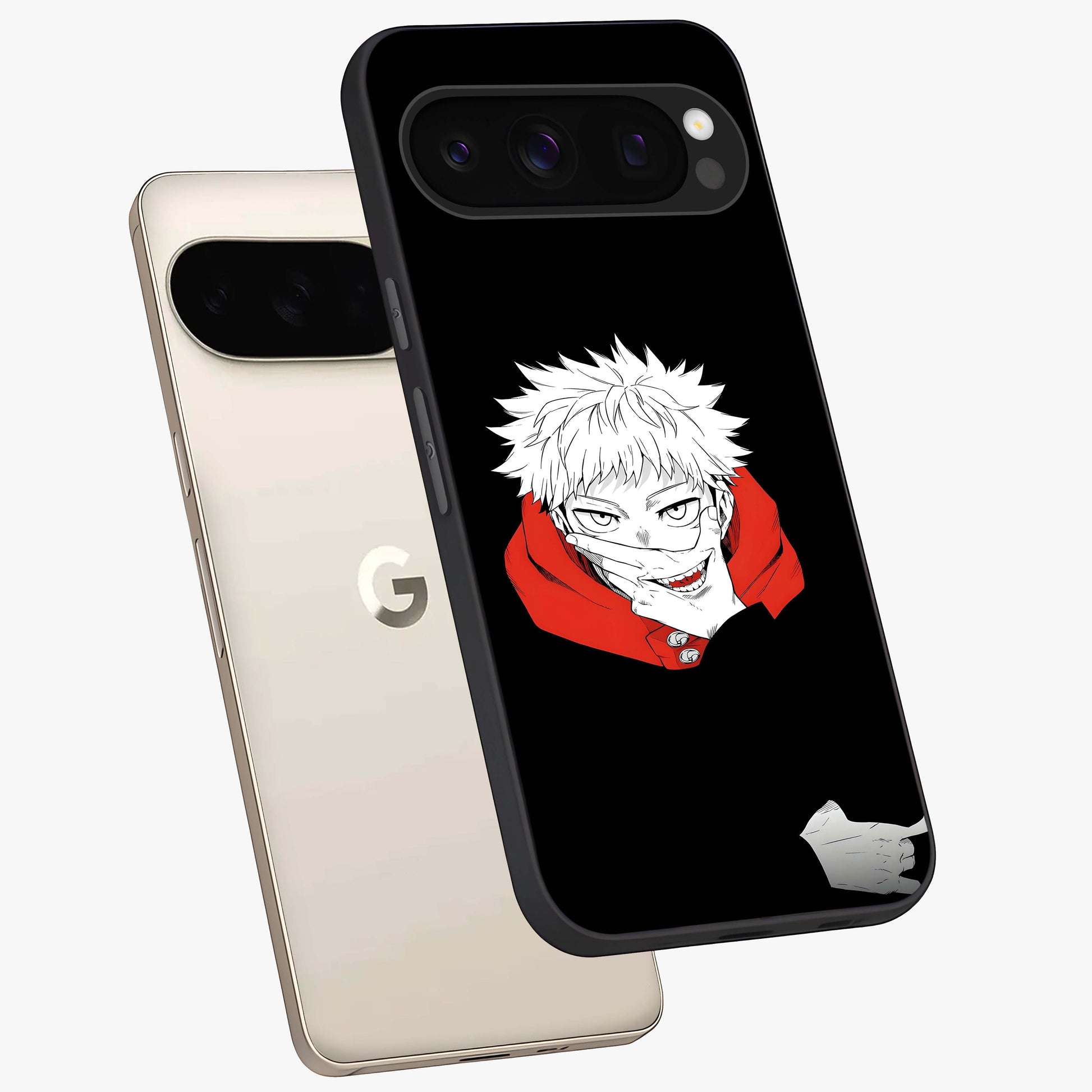 Crimson Chaos Smile Glass Case displayed in angled mockup highlighting edgy crimson smile design with graphic aesthetic.