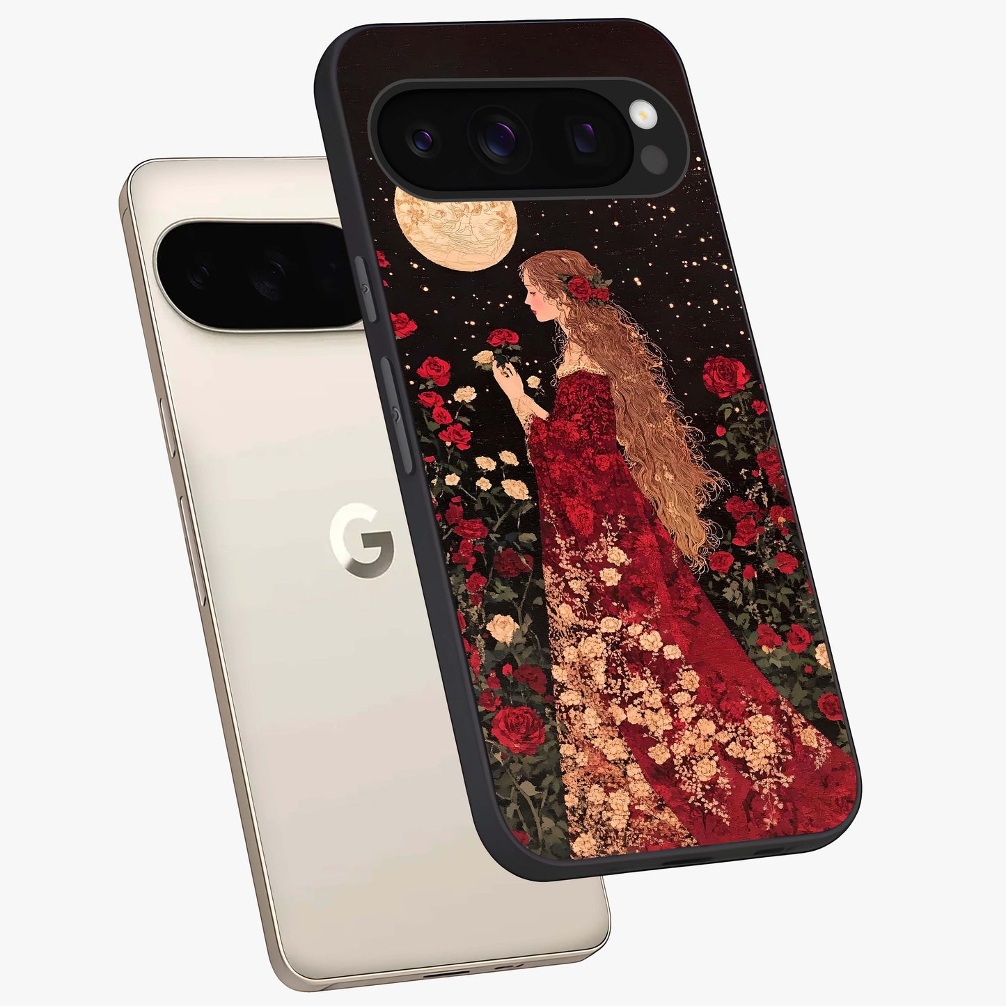 Crimson Dreams Glass Case displayed in angled mockup highlighting soft crimson aesthetic design with artistic theme.
