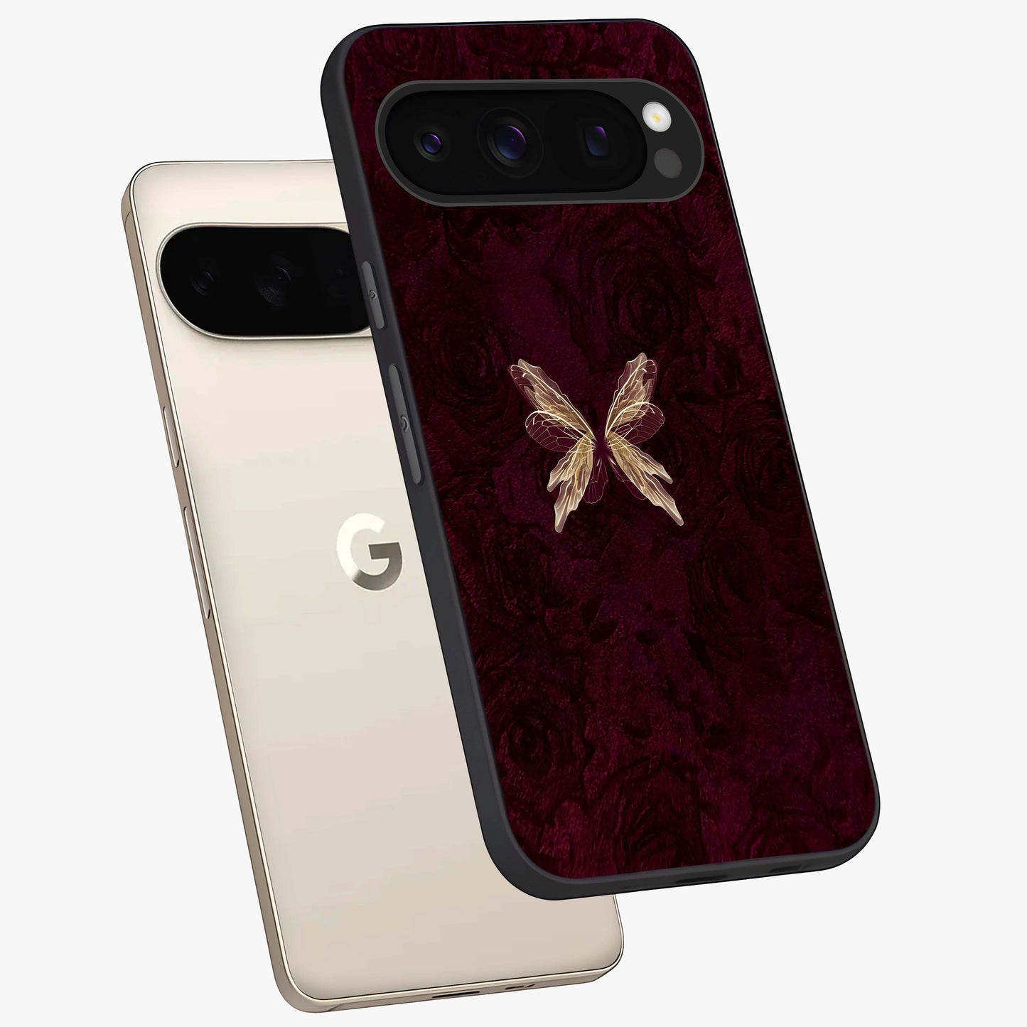 Crimson Fade Butterfly Glass Case displayed in angled mockup highlighting elegant butterfly design with crimson gradient aesthetic.
