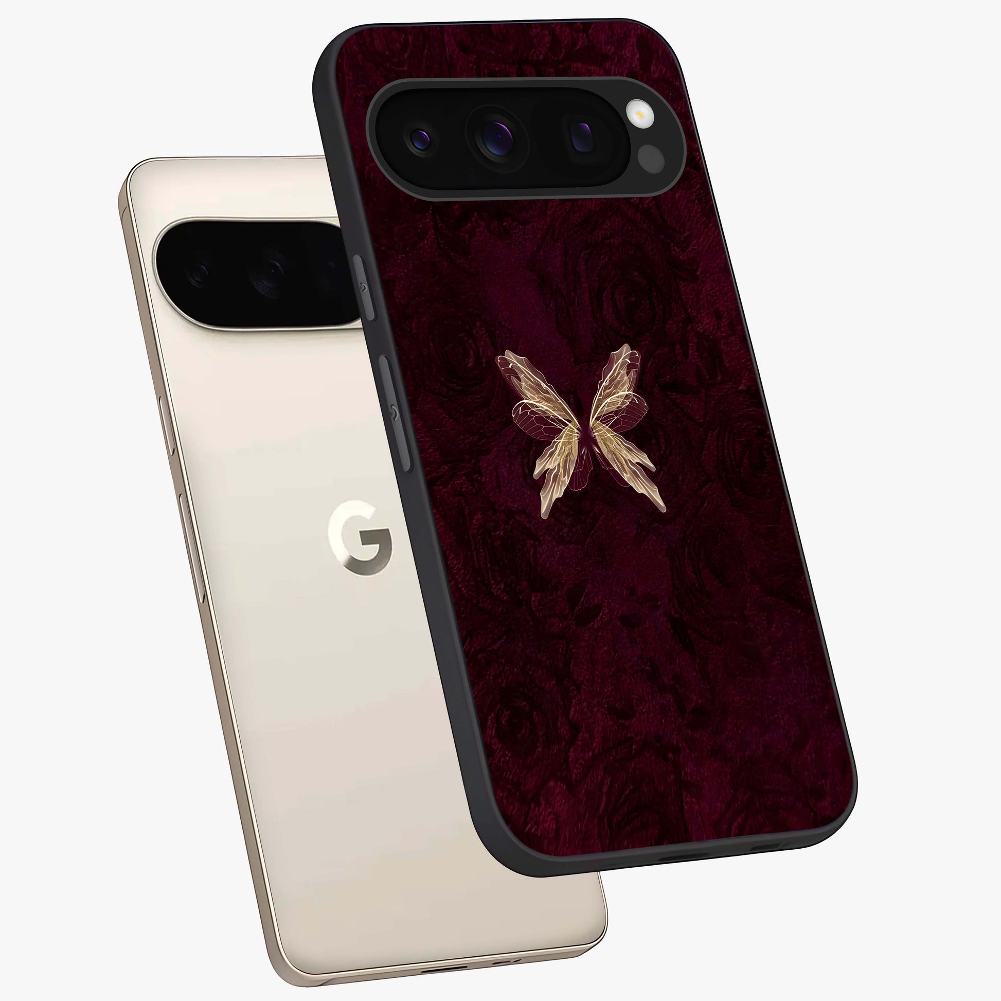 Crimson Fade Butterfly Glass Case displayed in angled mockup highlighting elegant butterfly design with crimson gradient aesthetic.