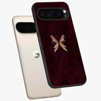 Crimson Fade Butterfly Glass Case displayed in angled mockup highlighting elegant butterfly design with crimson gradient aesthetic.