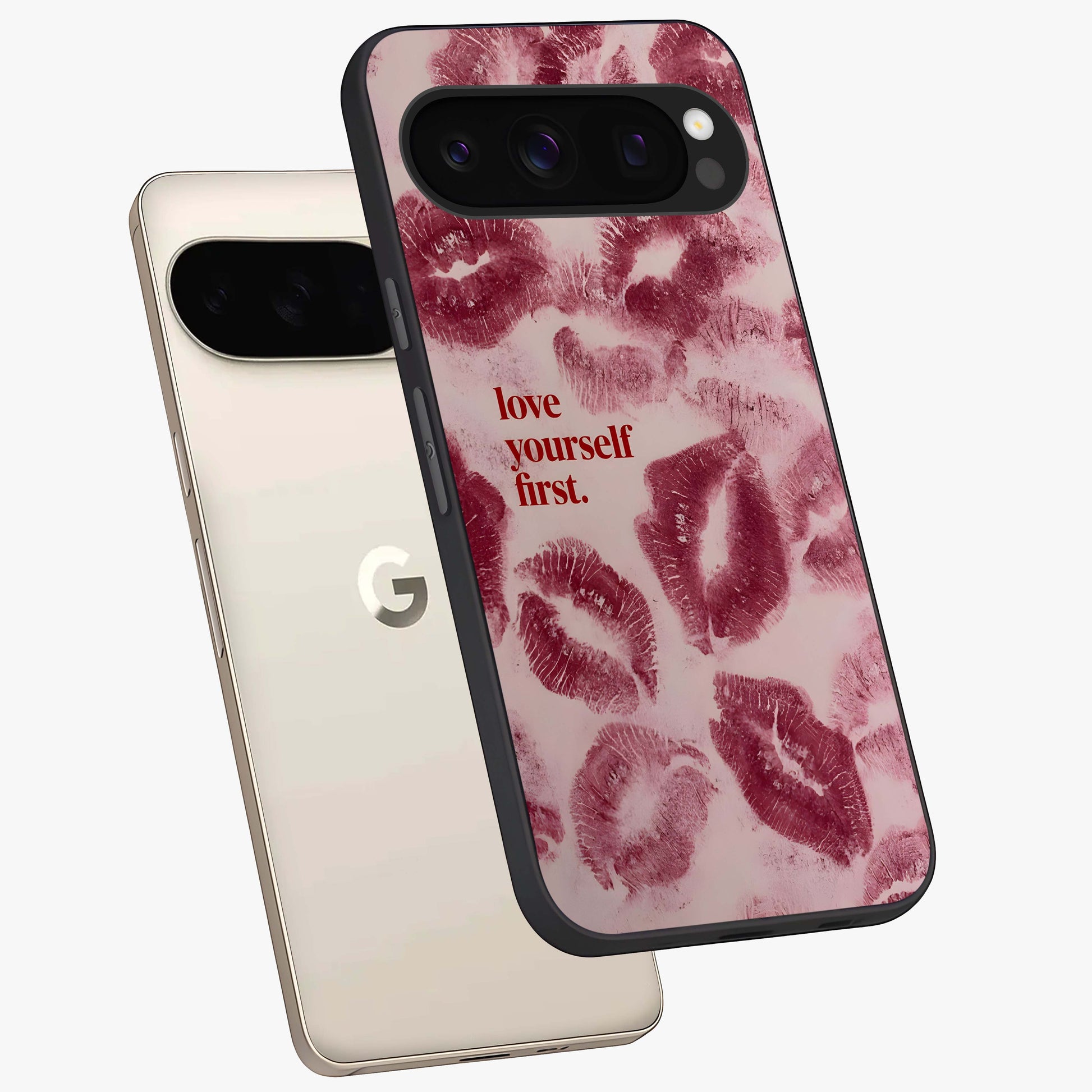 Crimson Kiss Love Glass Case displayed in angled mockup highlighting bold love inspired design with modern aesthetic style.