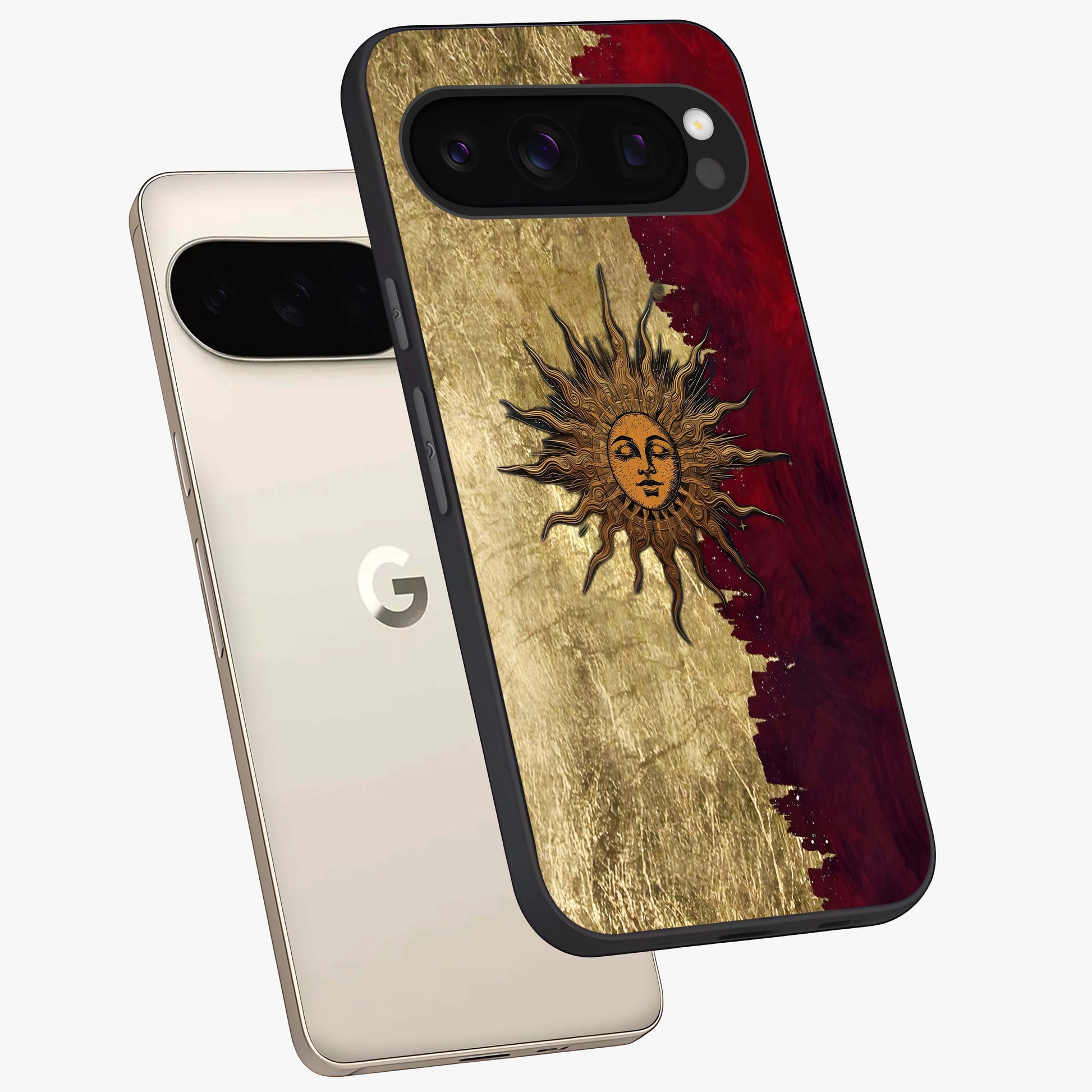 Crimson Sun Majesty Glass Case displayed in angled mockup highlighting majestic crimson sun design with bold aesthetic style.