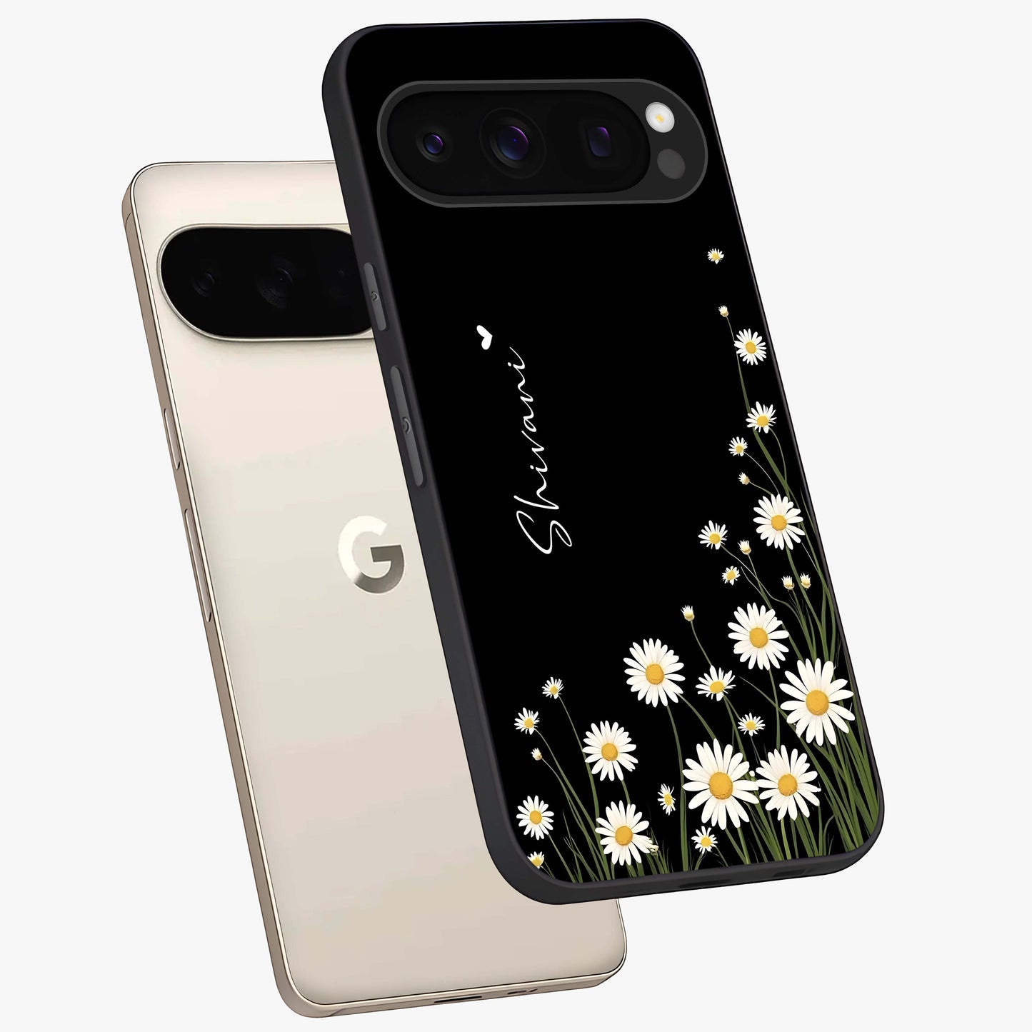 Daisy Cascade Custom Name Glass Case displayed in angled mockup highlighting delicate daisy artwork with custom name feature.