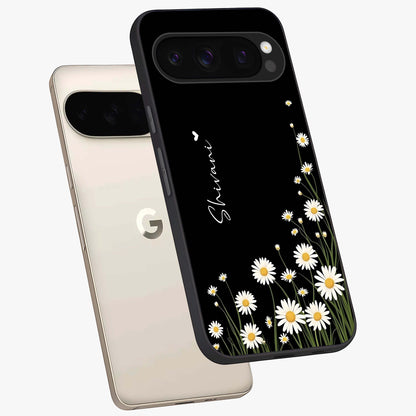 Daisy Cascade Custom Name Glass Case displayed in angled mockup highlighting delicate daisy artwork with custom name feature.