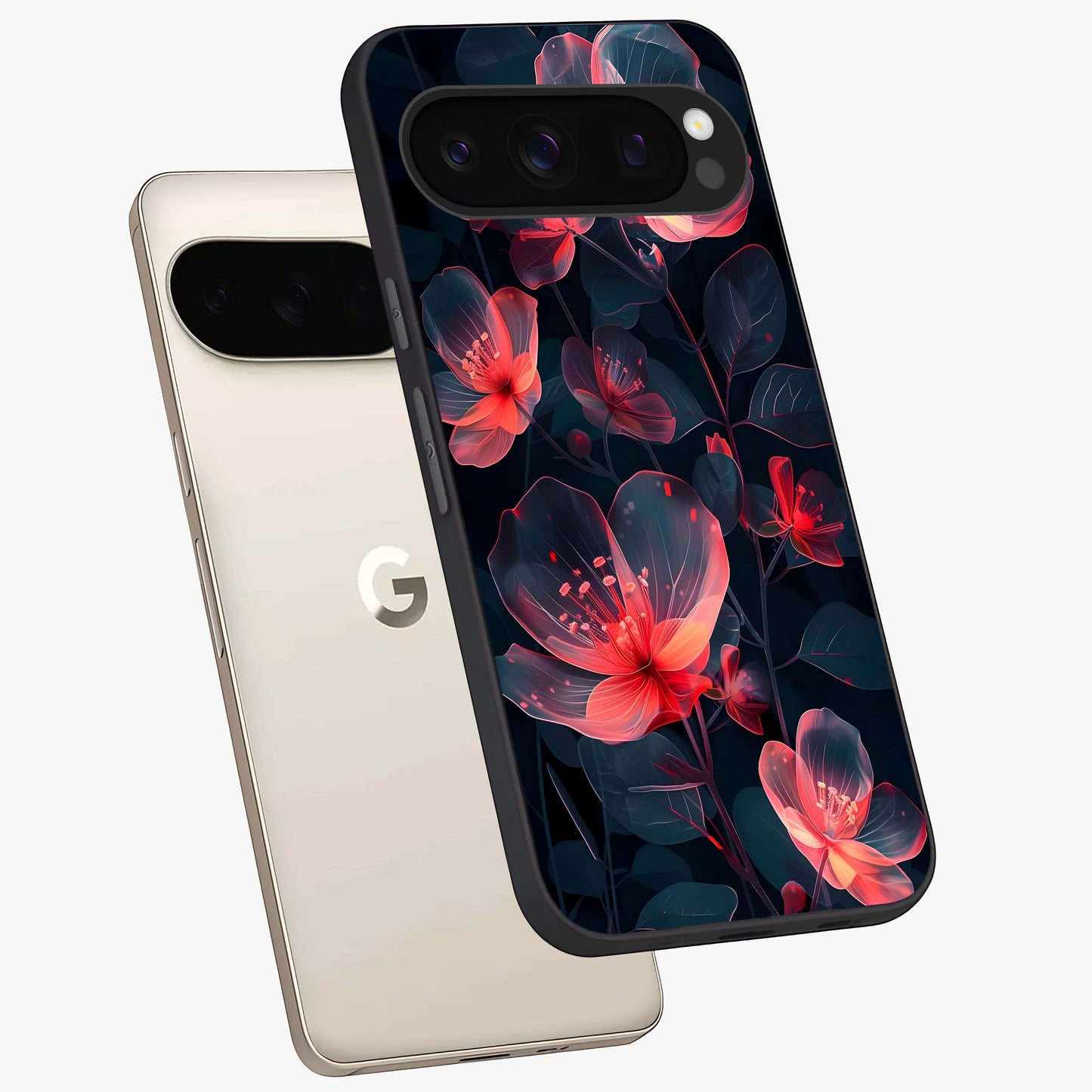 Dark Shade of Flower Glass Case displayed in angled mockup highlighting moody floral illustration with aesthetic dark tones.