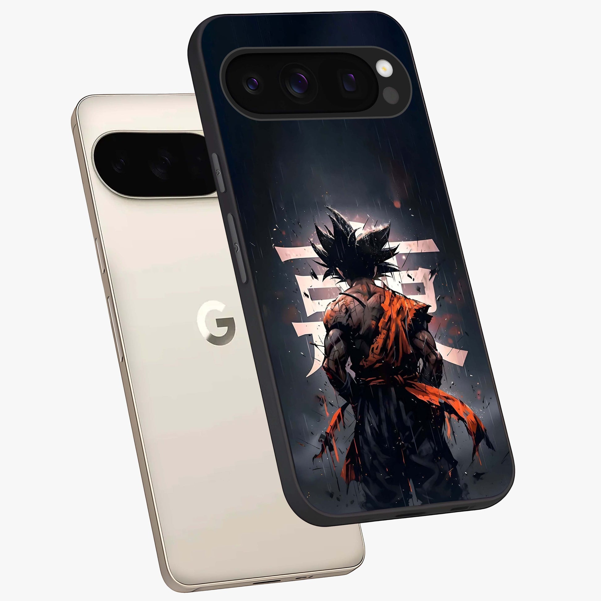 Dark Warrior In Rain Glass Case displayed in angled mockup highlighting dramatic warrior illustration with dark rain aesthetic.