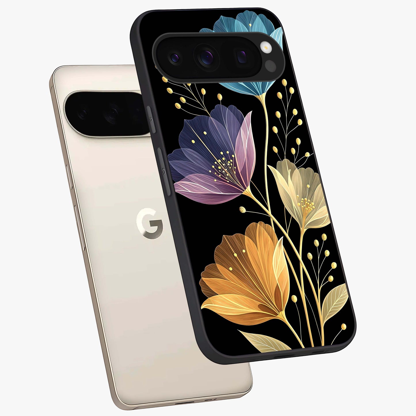 Delicate Multicolor Flowers Glass Case displayed in angled mockup highlighting colorful flower pattern with soft aesthetic style.