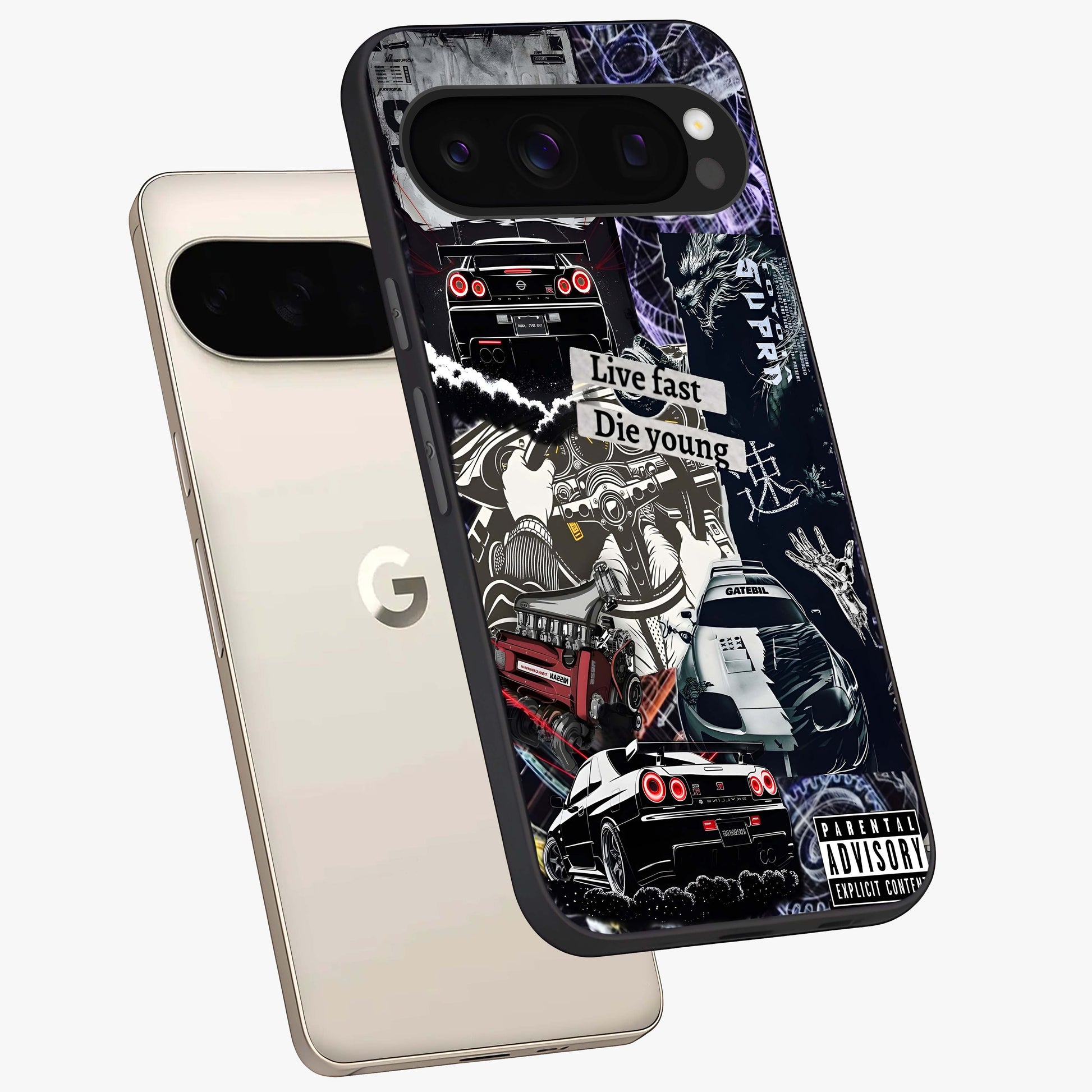 Die Young Glass Case displayed in angled mockup highlighting expressive graphic artwork with edgy aesthetic style.
