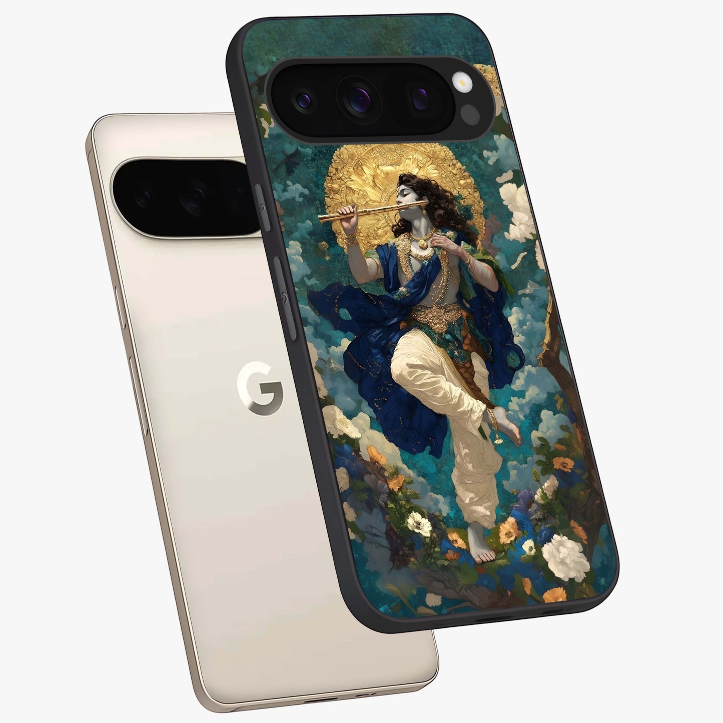 Divine Krishna Art Glass Case displayed in angled mockup highlighting spiritual Krishna illustration with devotional aesthetic.