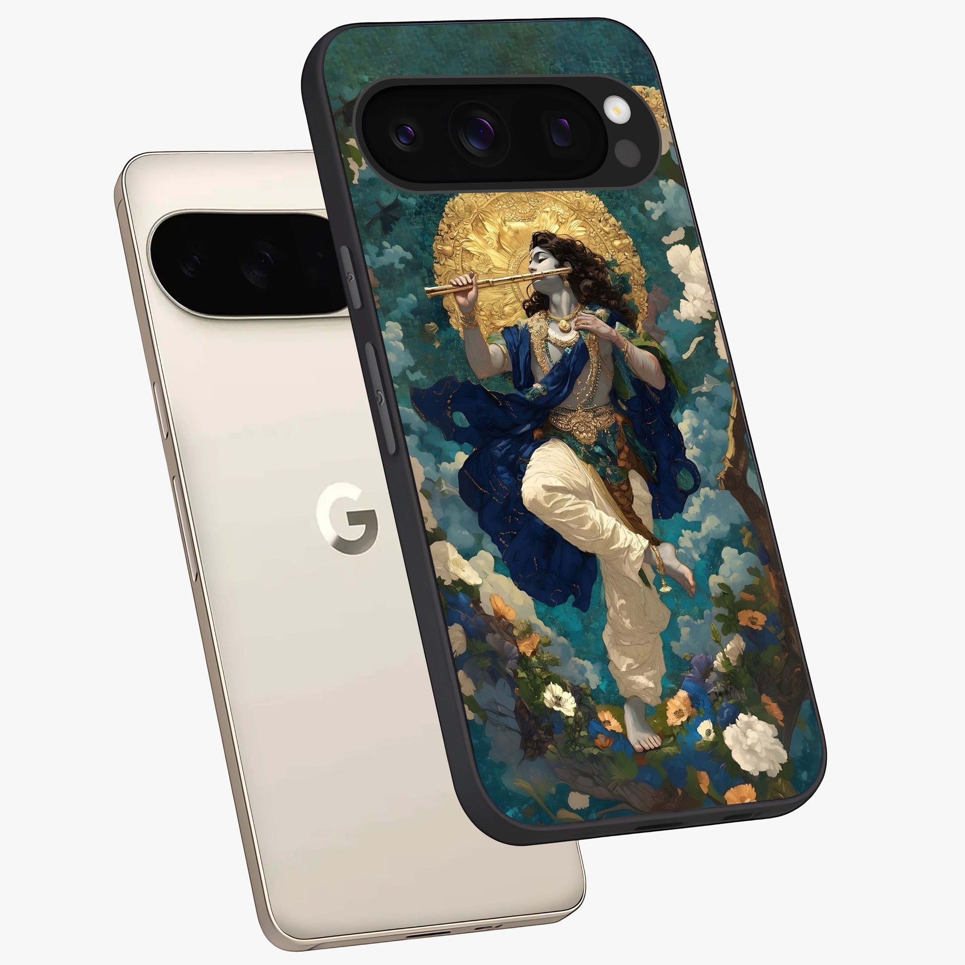 Divine Krishna Art Glass Case displayed in angled mockup highlighting spiritual Krishna illustration with devotional aesthetic.