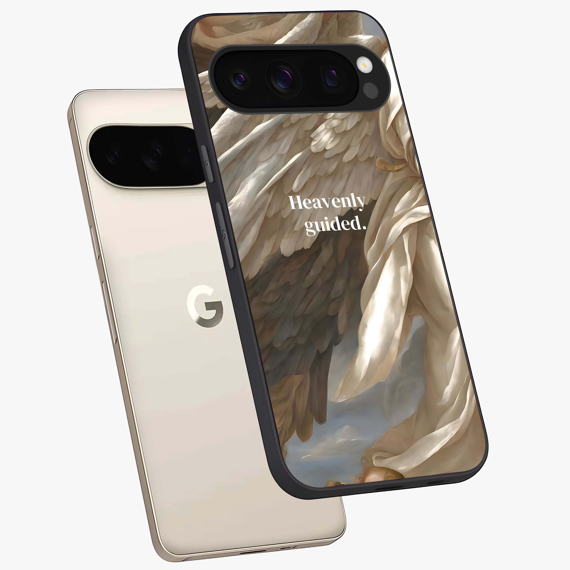 Divine Winged Grace Glass Case displayed in angled mockup highlighting graceful wing design with divine aesthetic style.