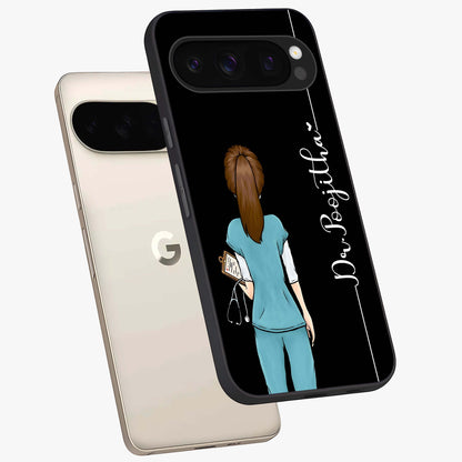 Doctor Pattern Custom Name Glass Case displayed in angled mockup highlighting doctor inspired artwork with custom name feature.