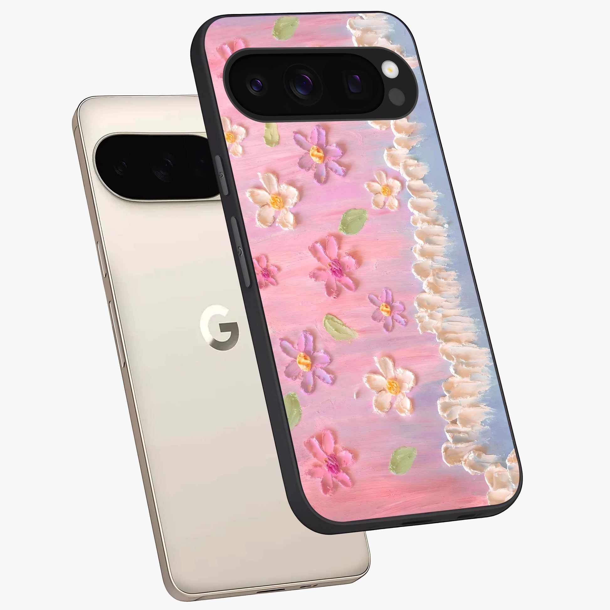 Dreamy Painted Garden Glass Case displayed in angled mockup highlighting colorful garden illustration with dreamy aesthetic style.