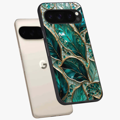 Emerald Leaf Glass Glass Case displayed in angled mockup highlighting botanical leaf illustration with elegant natural aesthetic.