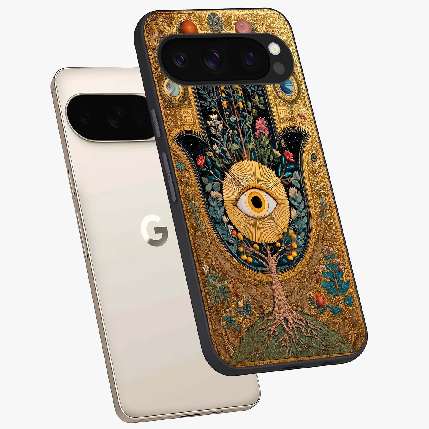 Ethereal Evil Eye Glass Case displayed in angled mockup highlighting protective evil eye symbol with spiritual aesthetic design.
