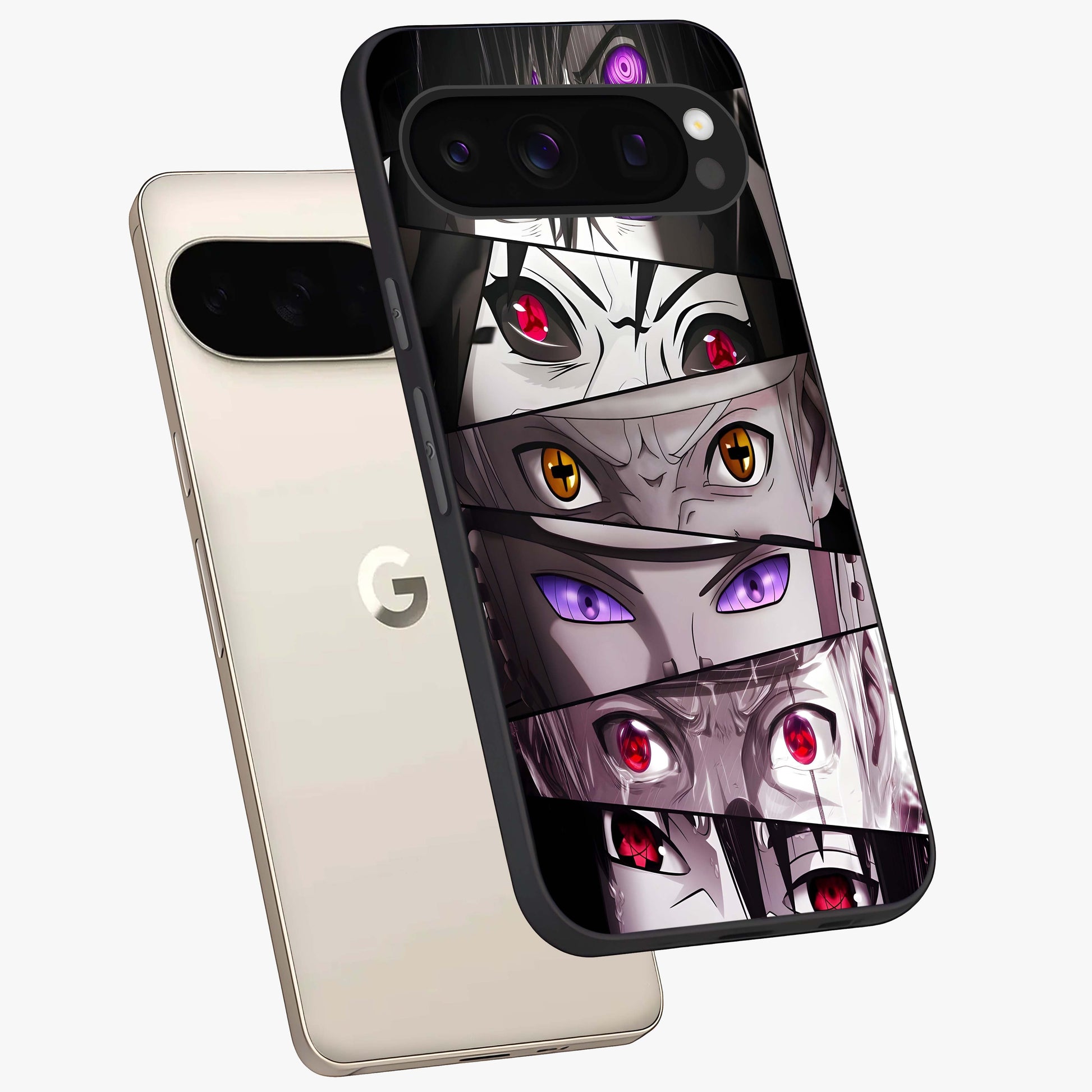 Eyes of Destiny Glass Case displayed in angled mockup highlighting bold eye illustration with mystical aesthetic style.