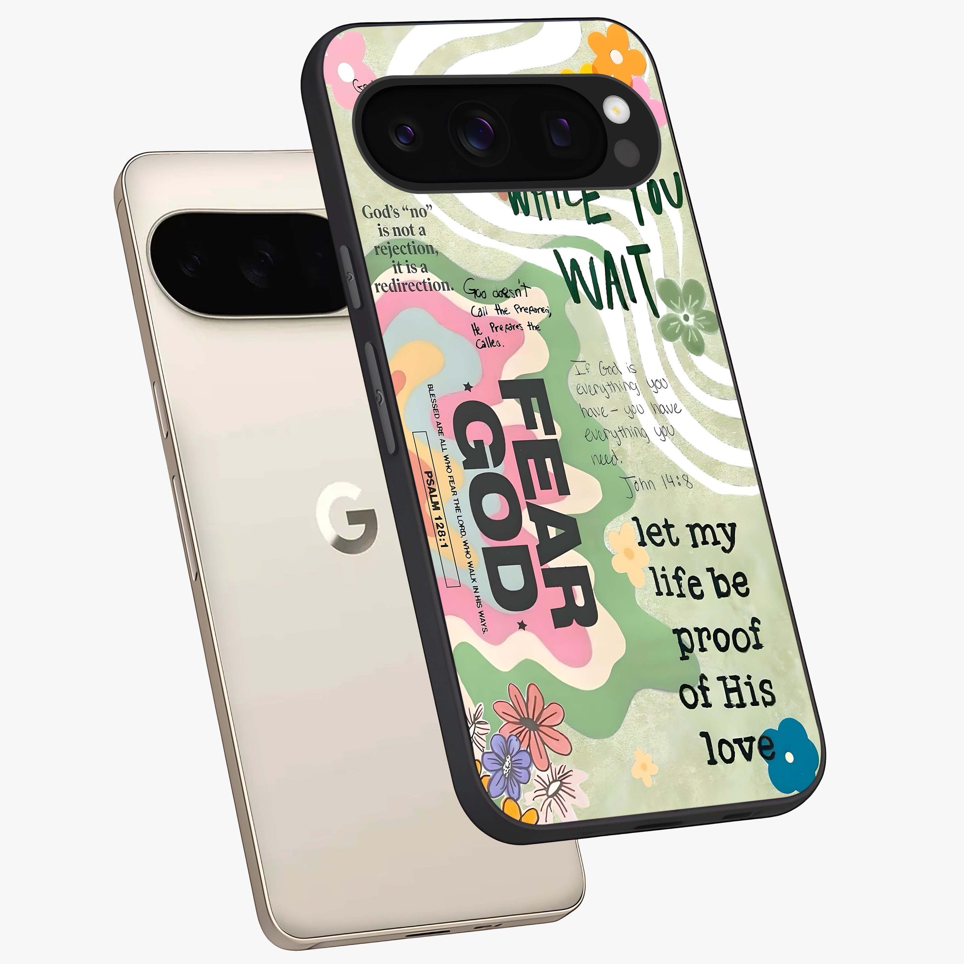 Faith Over Fear Glass Case displayed in angled mockup highlighting inspirational message design with modern aesthetic style.