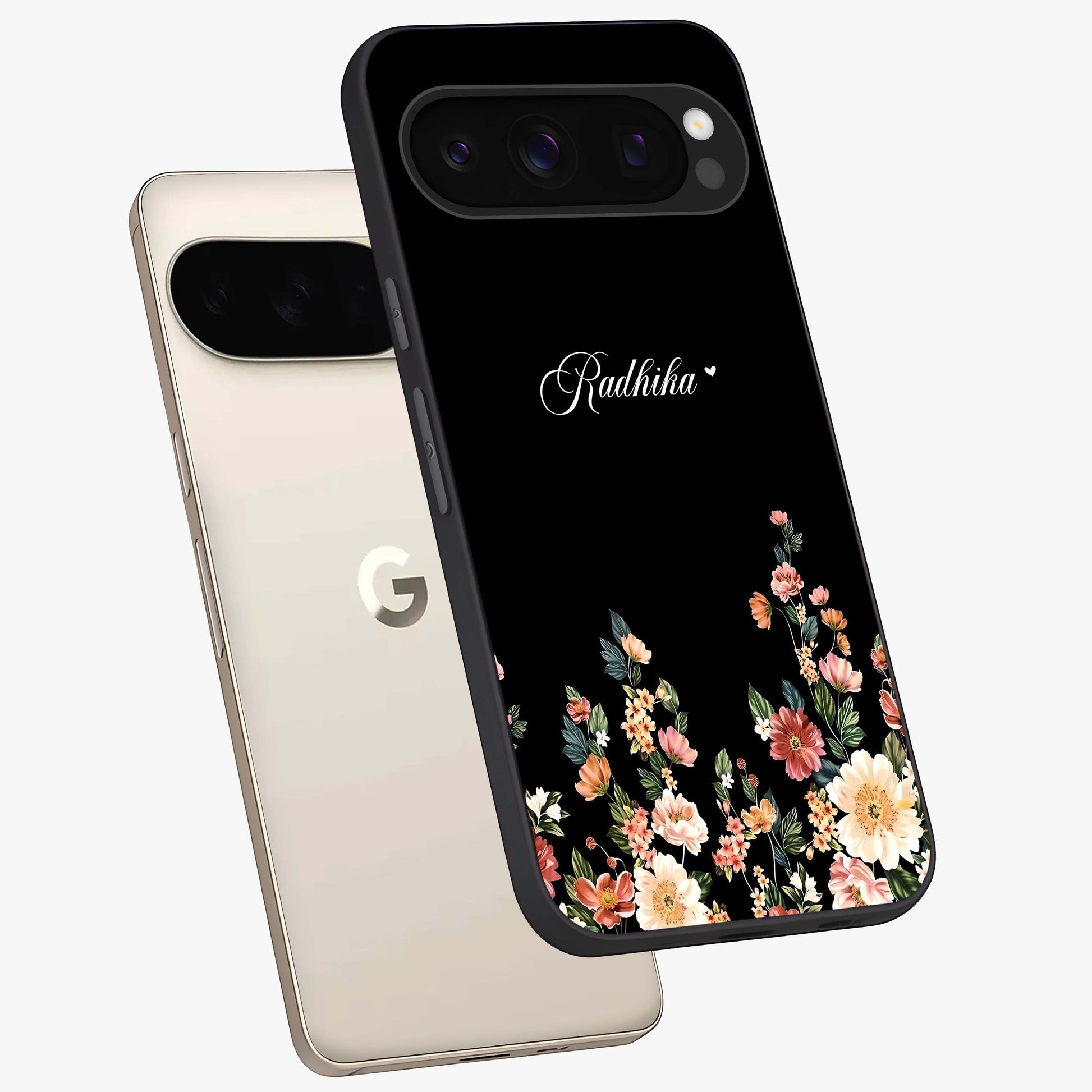 Floral Design With a Custom Personalized Name Glass Case displayed in angled mockup highlighting elegant floral pattern with custom name feature.